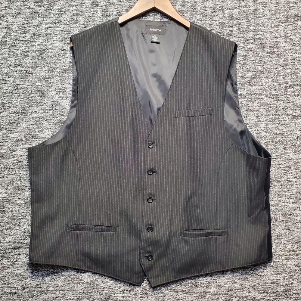 Claiborne Suit Vest Mens‎ XXL Black Gray Pinstripe Formal Dress Waistcoat